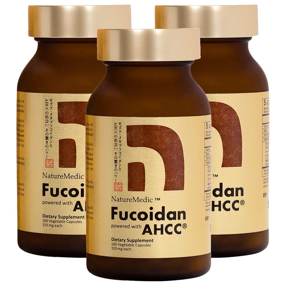 Fucoidan Powered with AHCC® Brown Seaweed Immunity Supplement with High Purity Mekabu Mozuku Agaricus 3 Bottles - 480 Vegetable Capsules