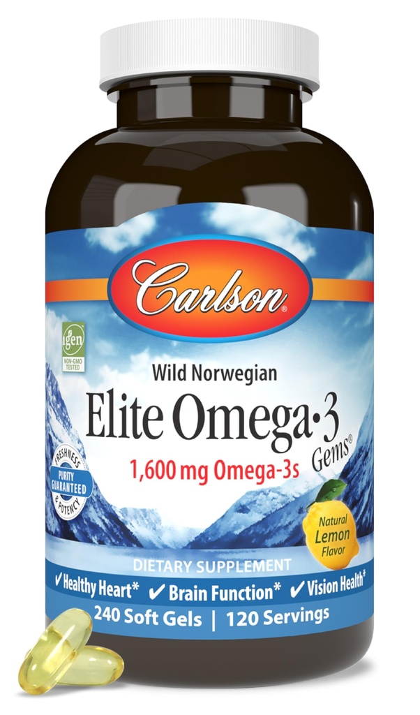 Carlson Elite Omega-3 Gems, 1600 mg Omega-3 with EPA & DHA, Lemon Flavor, 240 Softgels – Wild-Caught Norveç Fish Oil, Sustainable Sourced