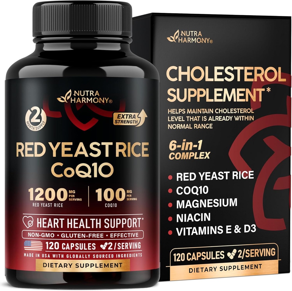 Red Yeast Rice 1200 mg with CoQ10 100 mg - Magnezyum | Niacin | Vitamin E & D3 - Kalp Sağlığı Desteği, Enerji & Metabolism - Etkili, Flush-free & Laboratuvar Test Edildi - ABD'de 120 Capsules