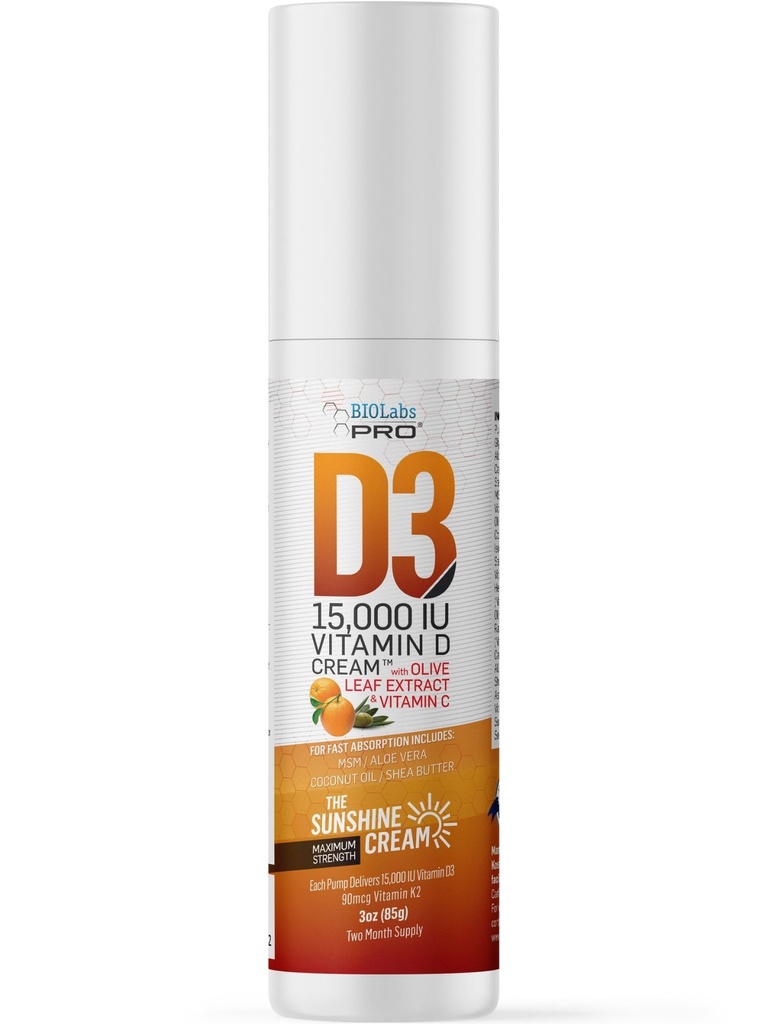 BIOLABS PRO All Natural Vitamin D3 15000IU Vitamin D Cream - Maximum Strength - Fight Vitamin D Deficiency Naturally - with Vitamin K2 & Olive Leaf Extract - Safe & Effective (15,000IU - 3.0oz)