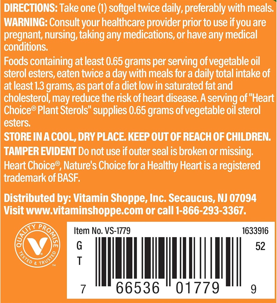 Η Βιταμίνη Shoppe Heart Choice® Φυτικές στερόλες, Υποστηρίζει την καρδιοαγγειακή & Χοληστερόλη Υγεία, 1 Εξυπηρετώντας Προμήθειες .65 γραμμάρια φυτικού ελαίου Εστέρες στερολών (60 Softgels)