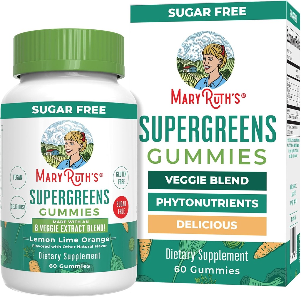 MaryRuth Organics Super Greens Gummies | Naturally-Occurring Quercetin for Adults and Kids Ages 4+ | Sugar Free | 2g Fiber Per Serving | Vegan | No Gelatin | Pectin Based | 60 Count | 30 Servings