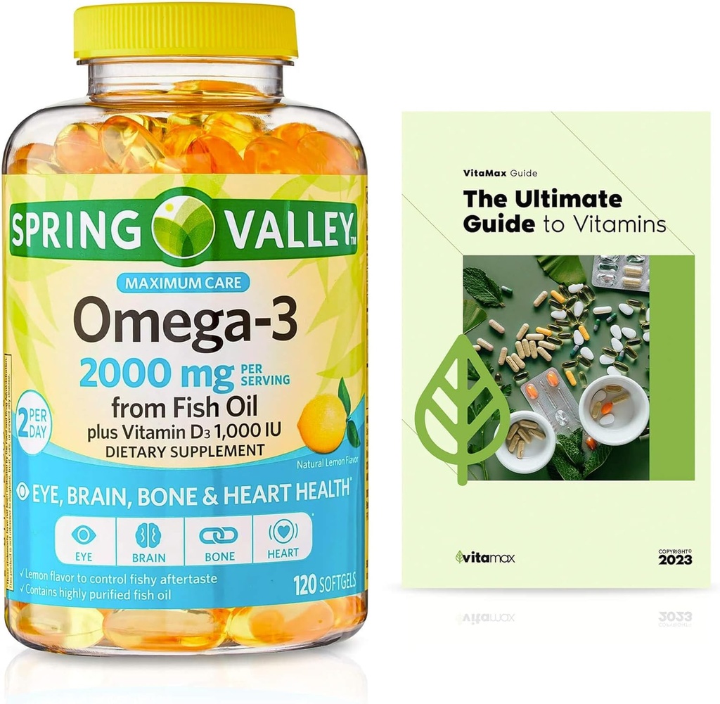 Spring Valley Omega-3 Fish Oil 2000 mg, maksimum bakım, 120 Kont + Exclusive VitaMax Vitamin Kılavuz (2 Madde)