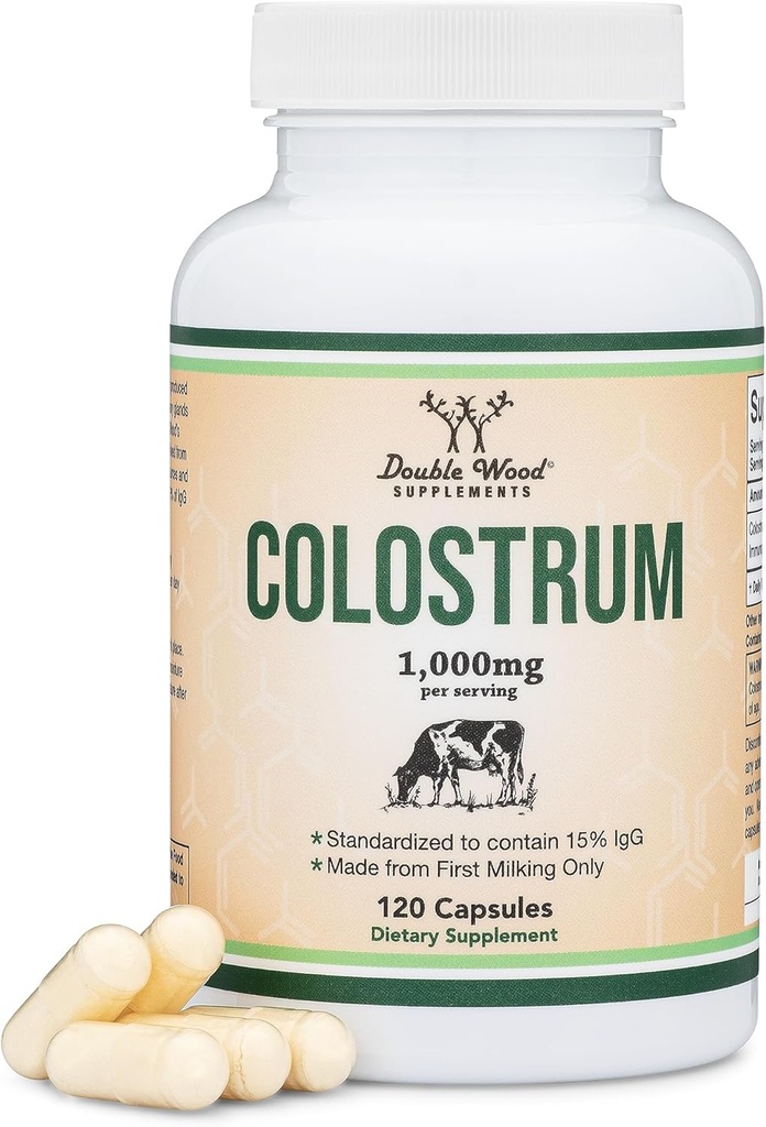 Colostrum Tamam 120 Capsules, hizmet başına 1000 mg (Bovine Colostrum Toz İlk Sütden Sadece, Std.'den Contain% 15 IgG Immunoglobulins) No Fillers, Üçüncü Parti Çift Wood tarafından Test Edildi