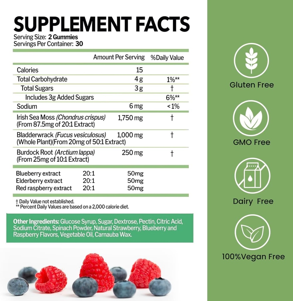 Sea Moss Gummies with Bladderwrack and Burdock Root | Wildcrafted Irish Sea Moss for Immune, Thyroid Support | 100% Vegan Diyet Supplements | Non-GMO, Gluten-Free, Dairy-Free | 60 Gummies