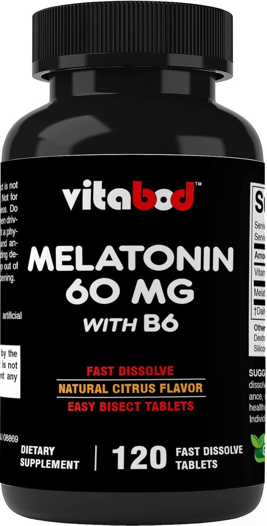 Μελατονίνη 60 mg με Βιταμίνη Β6 – 120 Δισκία ταχείας διάλυσης Extra- Strength Sleep Support – Χωρίς φάρμακα – Φυσικό Εσπεριδοειδές Γεύση – Χορτοφαγική, Μη ΓΤΟ, Χωρίς Γλουτένη