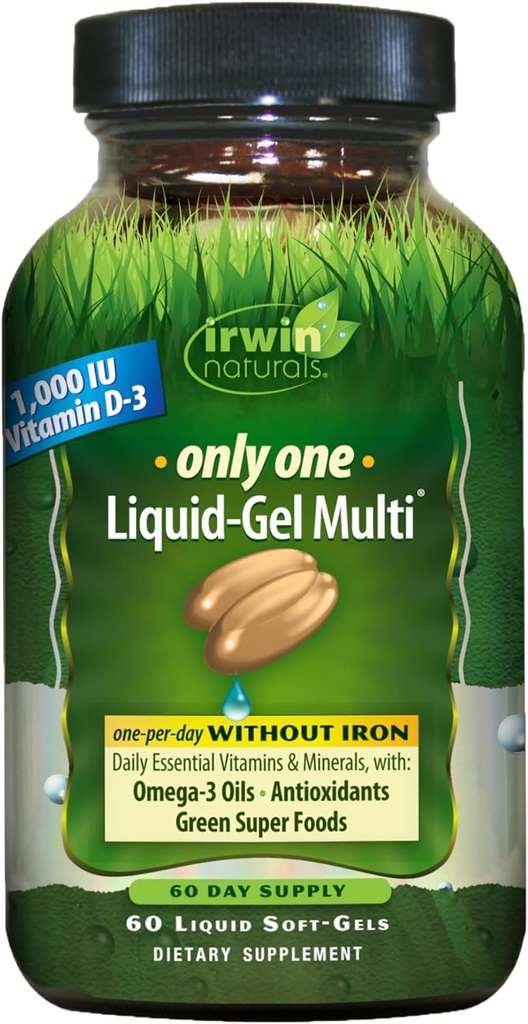 Irwin Naturals Only One Liquid-Gel Multi - 60 Sıvı Softgels - Demir Günlük Temel Vitaminler, Mineraller, Antioksiler, Omega-3 & Green Super Foods