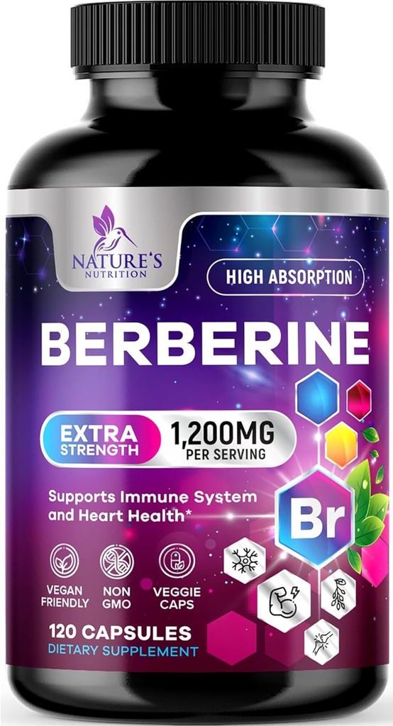 Berberine HCL 1200 mg Supplement - Berberine HCI Capsules Yüksek Abhidrasyon Kalp Sağlığı ve Immune Desteği, Yüksek Kuvvet, Gluten-Free, Vegan, Non-GMO Pills - 120 Veggie Capsules