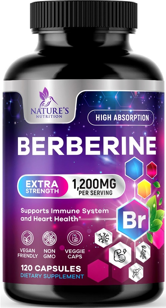 Berberine HCL Blend 1200mg Per Serving - High Absorption, Extra Strength Berberine Supplement - Advanced Heart Health & Daily Immune Support - Sugar Free, Vegan, USA Bottled - 120 Veggie Capsules