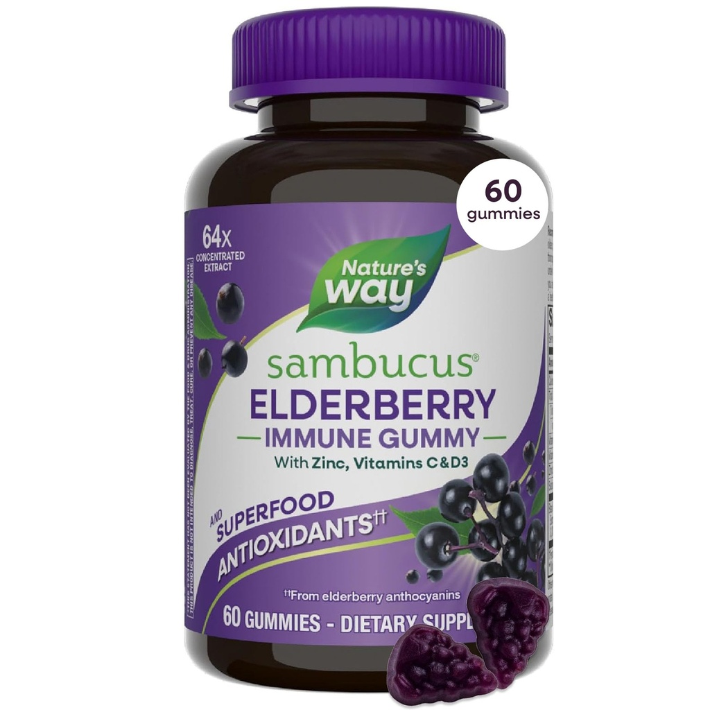 Nature's Way Sambucus Elderberry Immune Support Gummies for Kids & Yetişkinler* with Black Elderberry Extract, Vitamin C, Vitamin D3, ve çinko, 60 Gummies (Pazar Mayıs Vary)
