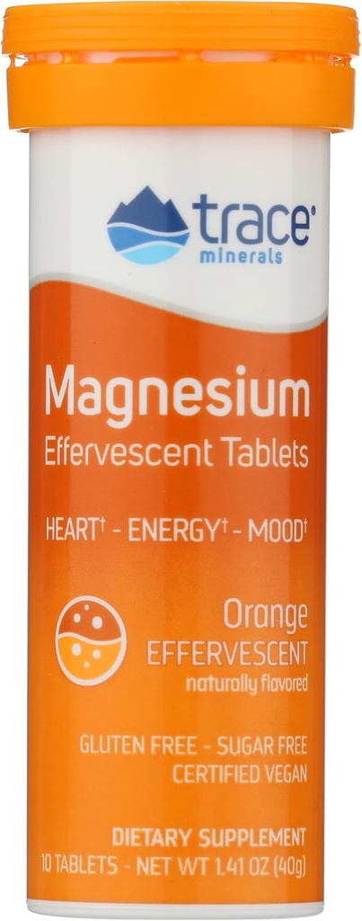 Trace Minerals | Magnezyum Effervescent Tablet | Kalp Sağlığı, pH Dengesi, Enerji Mood | Gluten Free, Sugar Free, sertifikalı Vegan | Orange | 10 Tablet 1 Tube