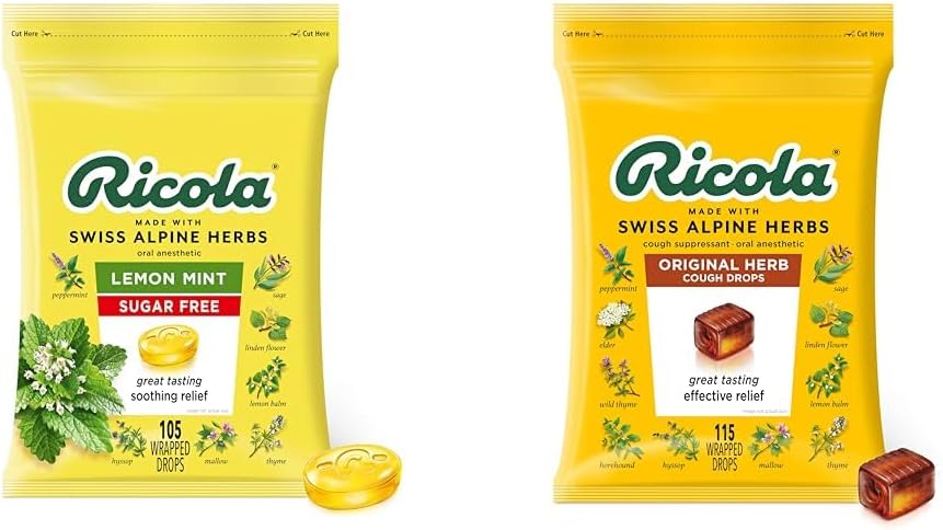 Ricola Sugar Free Lemon Mint Herbal Cough Suppressant Throat Drops, 105ct Bag & Original Natural Herb Cough Drops, 115 Count, Cough Suppressant & Throat Relieving Drops