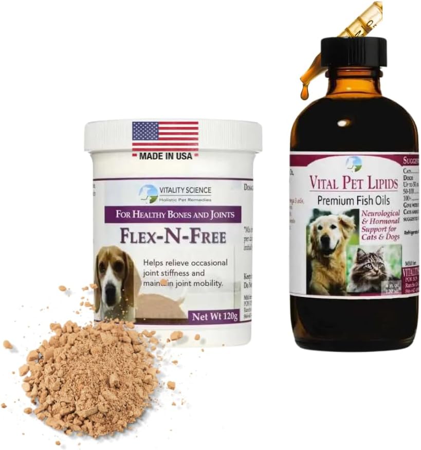 Vitality Science Flex N Free + Vital Pet Lipids for Dogs | 2 Part Program | Bone Development & Ortak Sağlık | Relieves Stiffness | Nörolojik ve Hormonal Destek | 100% Güvenli (Küçük)