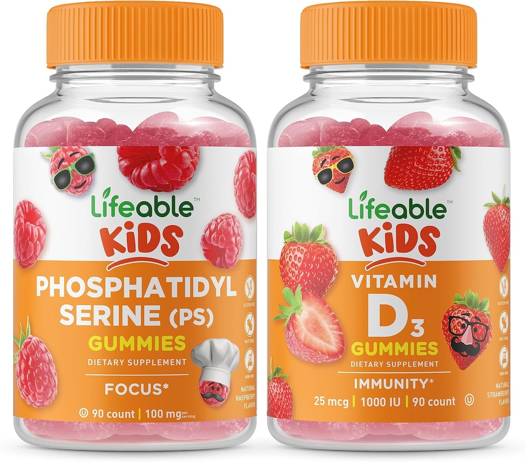 Lifeable Phosphatidylserine (PS) Çocuklar + Vitamin D Çocuklar, Gummies Sche - Great Tasting, Vitamin Supplement, Gluten Free, GMO Free, Chewable Gummy