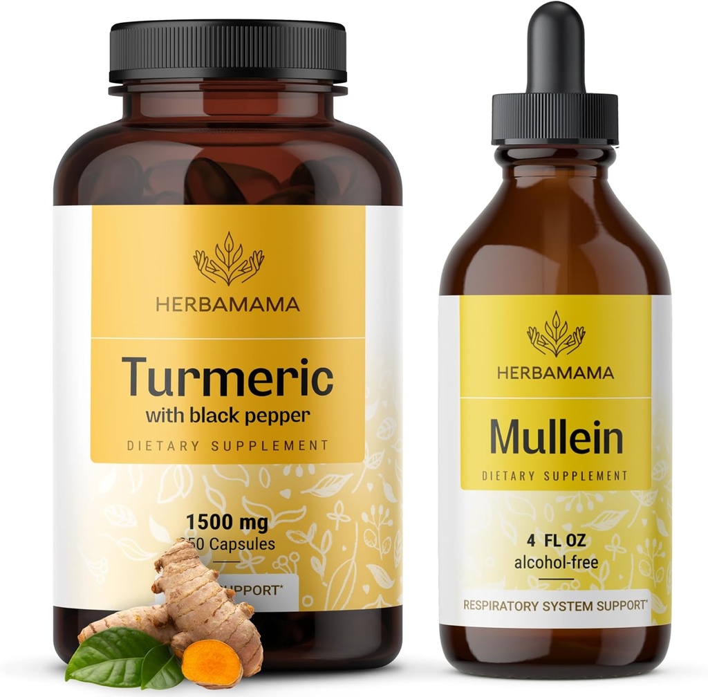 HERBAMAMA Turmeric and Mullein Leaf Kit - Bundle of 1500 mg Turmeric Curcumin Capsules & Mullein Leaf Extract Tincture - Vegan, Non GMO, Sugar & Alcohol-Free - 2 Pack