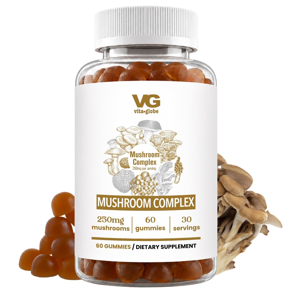 VITA GLOBE Mushroom Complex Gummies – 250mg with Reishi, Lion’s Mane, Chaga, Cordyceps & More 