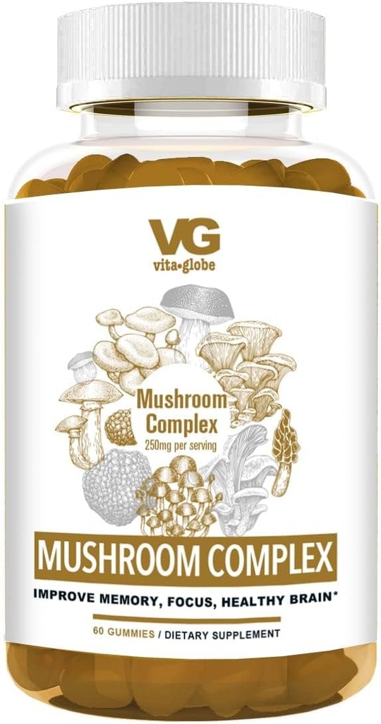 VITA GLOBE Mushroom Kompleksi Gummies – Reishi, Lion's Mane, Chaga, Cordyceps & More | Daily Supplement for Immune Defense, Energy & Brain Function Support – 60 Count (kahkadar)