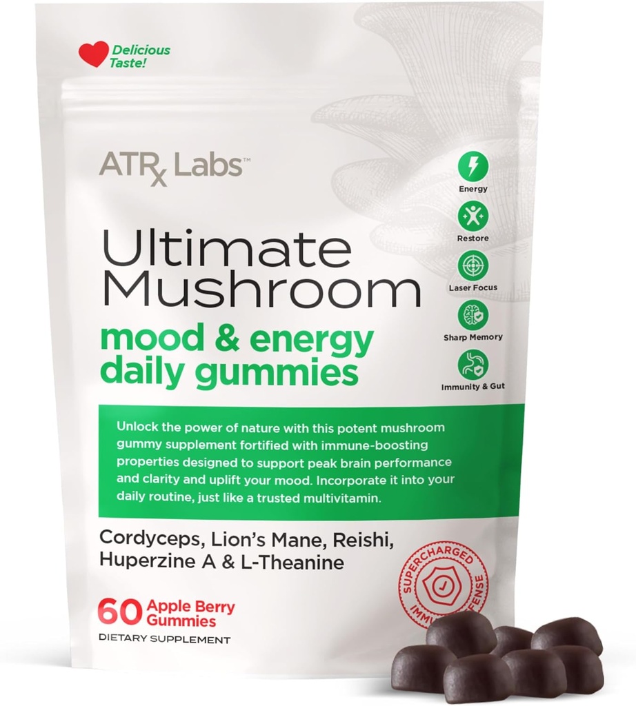 Ultimate Mushroom Daily Gummies - Mushroom Gummies with Cordyceps, Lion’s Mane, και Reishi, Plus Huperzine A & L-Theanine, μπορεί να βελτιώσει Mood and Energy, Apple Berry Flavor, 60 Gummies