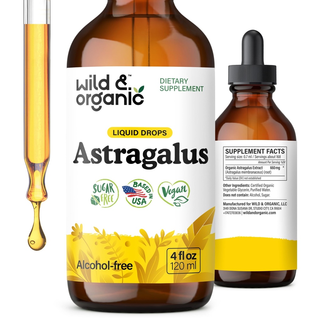 Wild & Organic Astragalus Tincture - Immune Support Supplement w/Astragalus Root Extract - Vegan Tincture for Immunity - Sugar & Alkol-Free Drops - 4 fl ozz