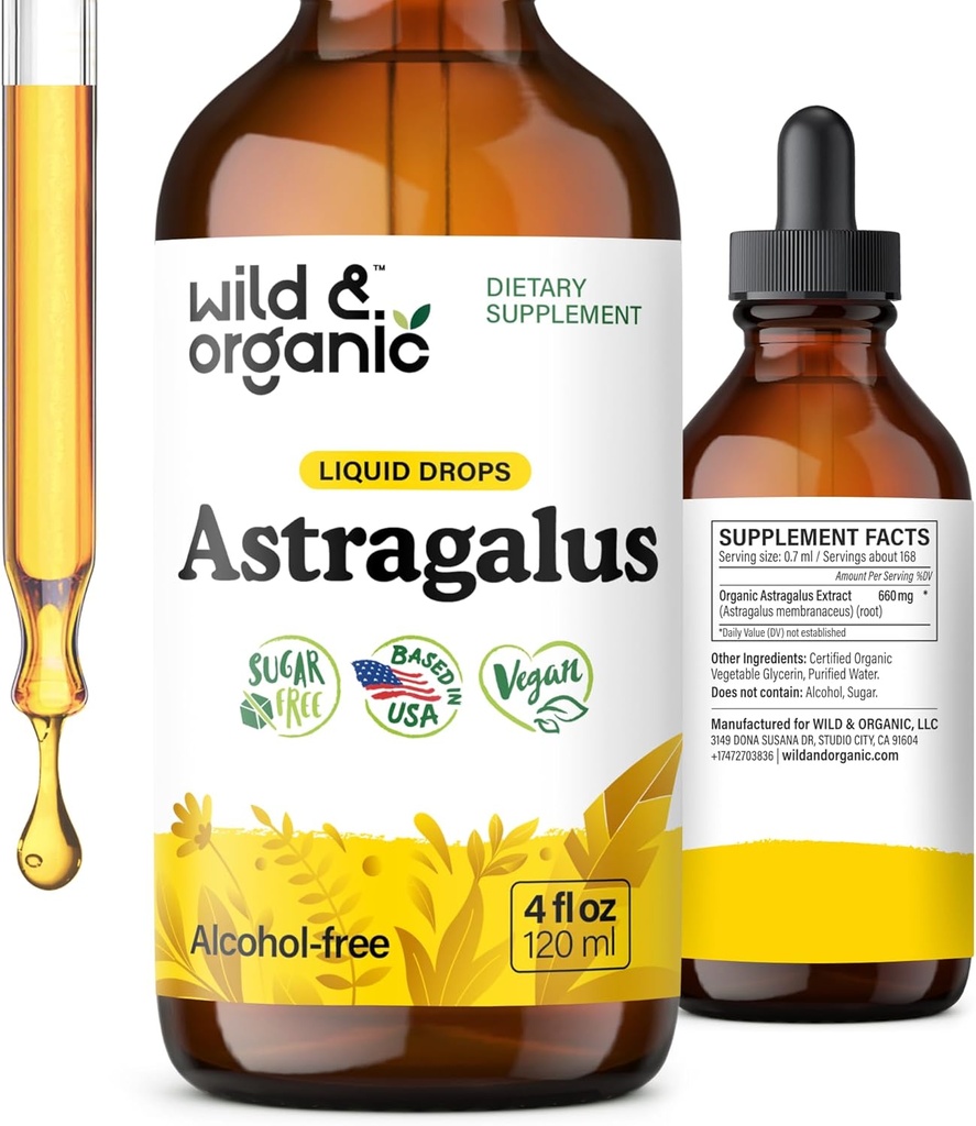 Wild & Organic Astragalus Tincture - Immune Support Supplement w/Astragalus Root Extract - Vegan Tincture for Immunity - Sugar & Alkol-Free Drops - 4 fl ozz