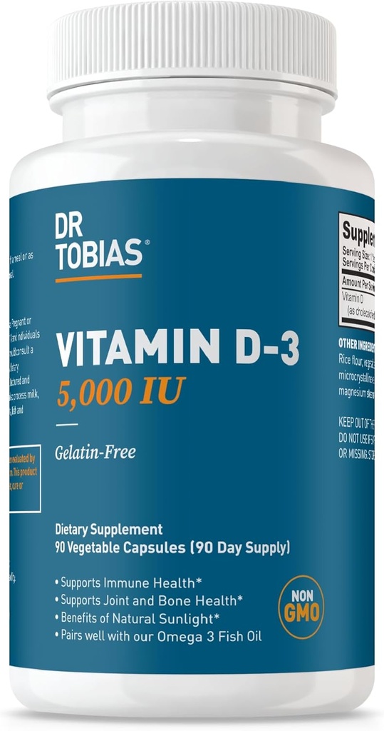 Dr. Tobias Vitamin D3 5000 IU, Sağlıklı Kemikler, Dişler ve Immune System, Ekstra Güçlü D Tamam, Non-GMO, 90 Capsules, 90 Hizmetler