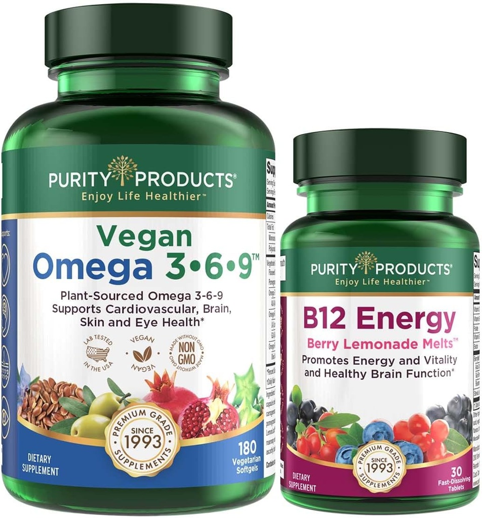 Προϊόντα καθαρότητας Bundle - Vegan Omega 3-6-9 (180 ct) + B-12 Energy Melt Omega 3-6-9 («5 in 1» Φυτικά Με βάση τα Ω3 6 9 Απαραίτητα Λιπαρά Οξέα) - B12 Berry Melt (Methylcobalamin B12 + B6 + D3 + More)