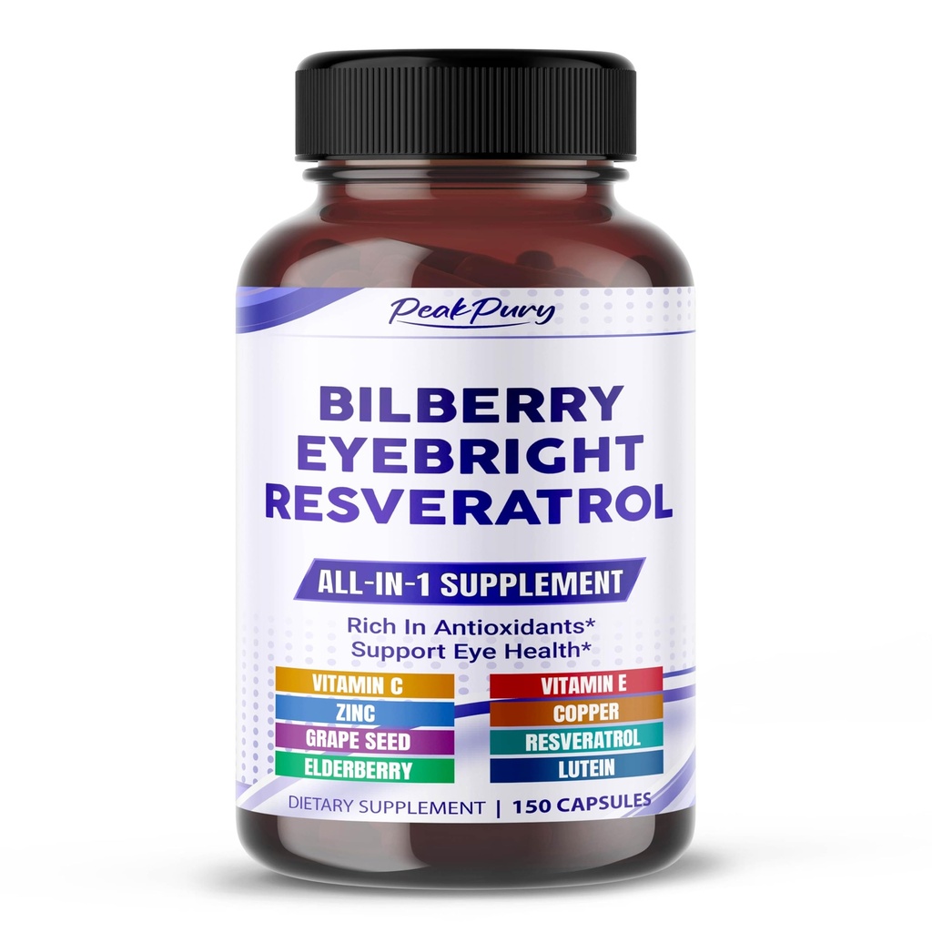 All-in-1 Bilberry Eyebright Astaxanthin Elderberry Resveratrol Supplement - Antioksis & Supports Eye Health - Made in the USA -150 Capsules