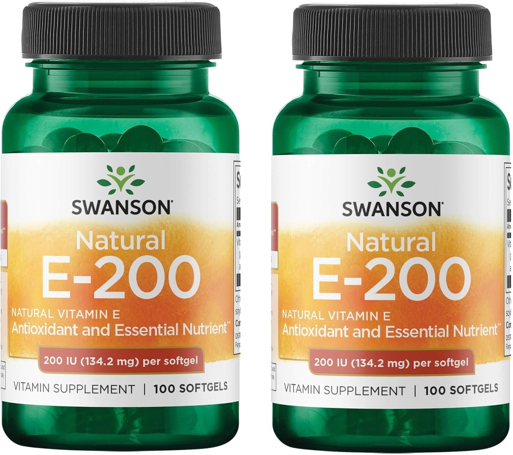 Swanson Doğal Vitamin E - Doğal Supplement Kalp Sağlığı ve Doku Koruma - Temel Nutrient Genel Sağlık ve Wellness - (100 Softgels, 200IU Her) (2 Pack)