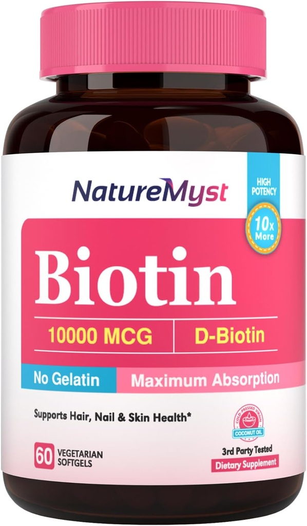 Βιοτίνη 10000 mcg, υψηλή ισχύς, βιολογικά ενεργό, ψυχρής συμπίεσης λάδι καρύδας για τη μέγιστη απορρόφηση, όχι Ζελατίνη, μαλλιά, νύχια, δέρμα, 60 χορτοφαγικά Softgels