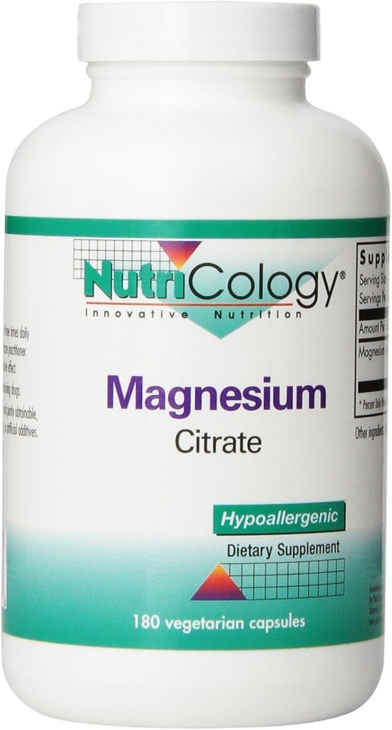 Nutricology Magnesium Citrate Dietary Supplement - Υποστήριξη οστών & στρες, Απορροφημένο, Hypoallergenic, Χορτοφαγικές κάψουλες, Χωρίς γλουτένη - 180 κόμης