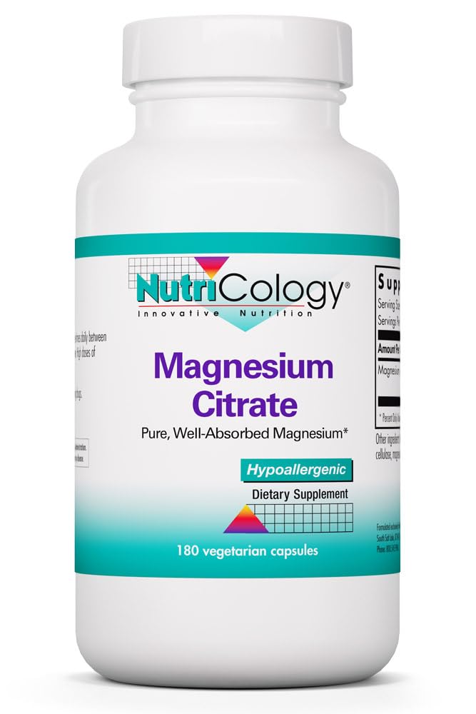 Nutricology Magnezyum Citrate Diyetary Supplement - Bone & Stres Desteği, Well-Absorbed, Hipoallergenic, Vegetarian Capsules, Gluten Free - 180 Count Count Count