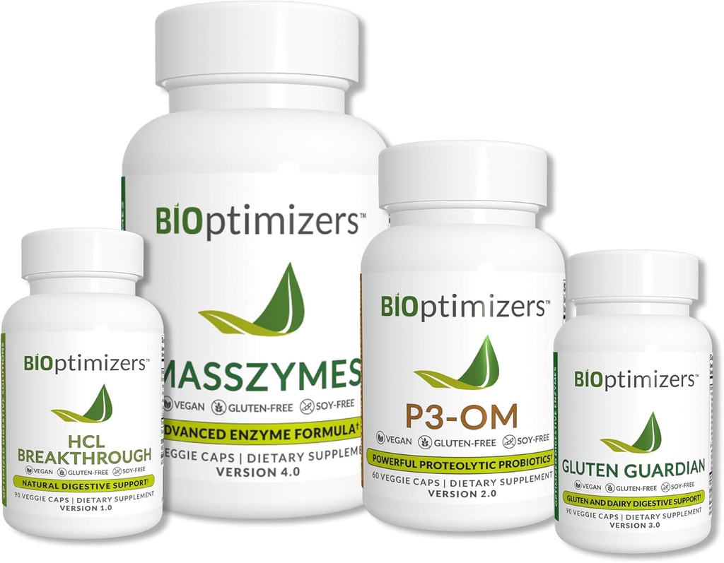 BiOptimizers - Essential Digestive Enzymes Bundle - P3-OM - Gluten Guardian - MassZymes - HCL Breakthrough - Doctor-Formulated - 360 Capsules