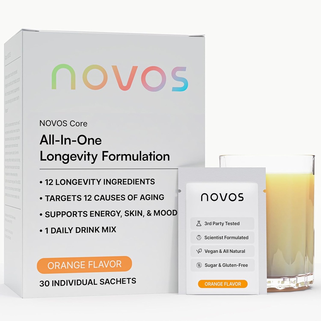 NOVOS Core Longevity Mix, Anti-Aging Supplement, Drink Toz Packet Orange Flavor - Skin Support, Energy, Mood, Sleep and Cognition Support - 30 Hizmet