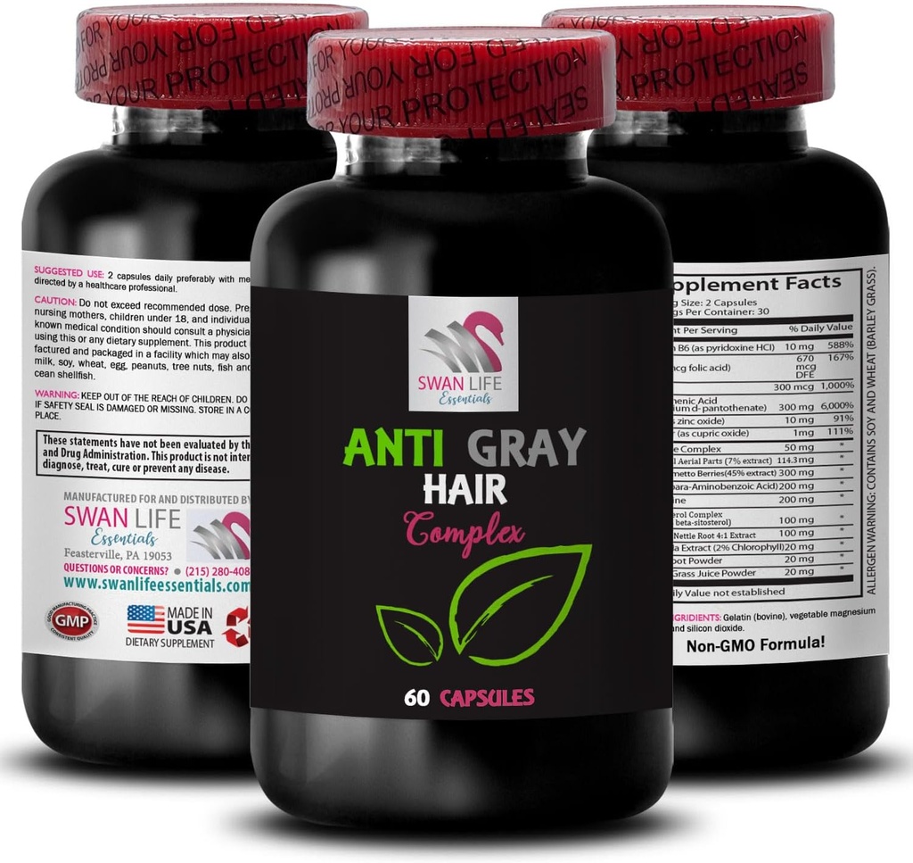 Gray συμπλήρωμα μαλλιών - ANTI GRAY HAIR COMPLEX - Αντι γκρι χάπια μαλλιών, Φρέσκος τόνος, αναζωογόνηση χρώματος, φωτεινότητα χρώματος, έλεγχο απόχρωσης μαλλιών, Αντι γκρι κάψουλα μαλλιών, Youthful ματιά 1 μπουκάλι 60 κάψουλες