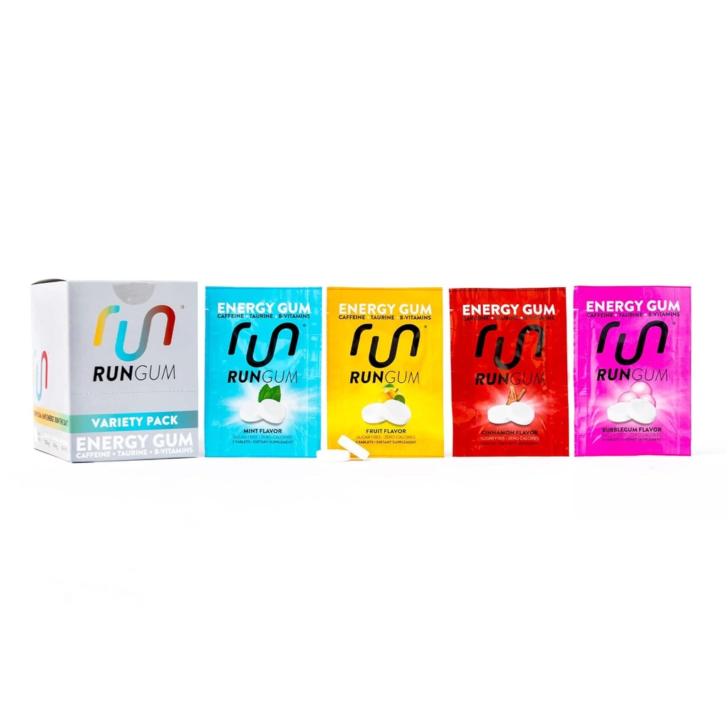 RUN GUM Çeşitli PaketiEnergy Chewing Gum 50mg Caffeine Taurine & B-Vitamins Per Piece, 24 Adet (Pazar 12) Sugar Free, Zero Calorie, No Aspartame ve Gluten Free