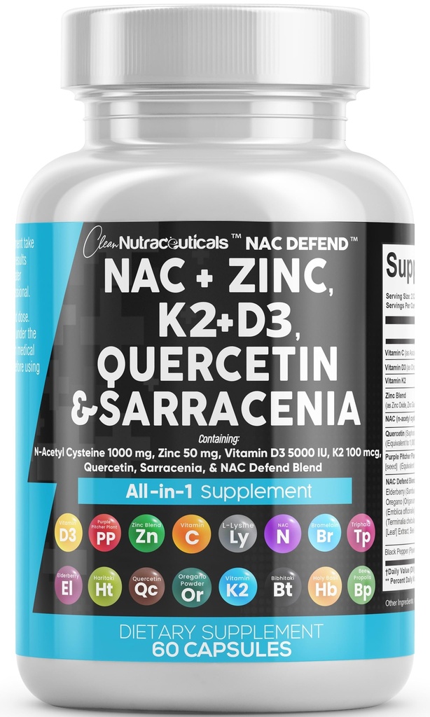 NAC Supplement N-Acetyl Cysteine Vitamin D3 K2 çinko Quercetin Sarracenia Purpurea Immune Support | Elderberry Holy Basil Bee Propolis Bromelain L-Lysine Capsules For Women Yetişkinler
