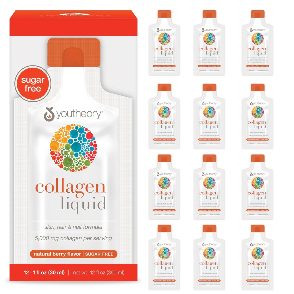 Youtheory Collagen Liquid - 5.000 mg - για την ανάπτυξη των μαλλιών, το δέρμα και τα νύχια* - Υποστηρίζει αρθρώσεις, οστά και μυική υγεία* - με Αμινοξέα - Berry Flavor - 12 Single Service Packets (12-Day Supply)