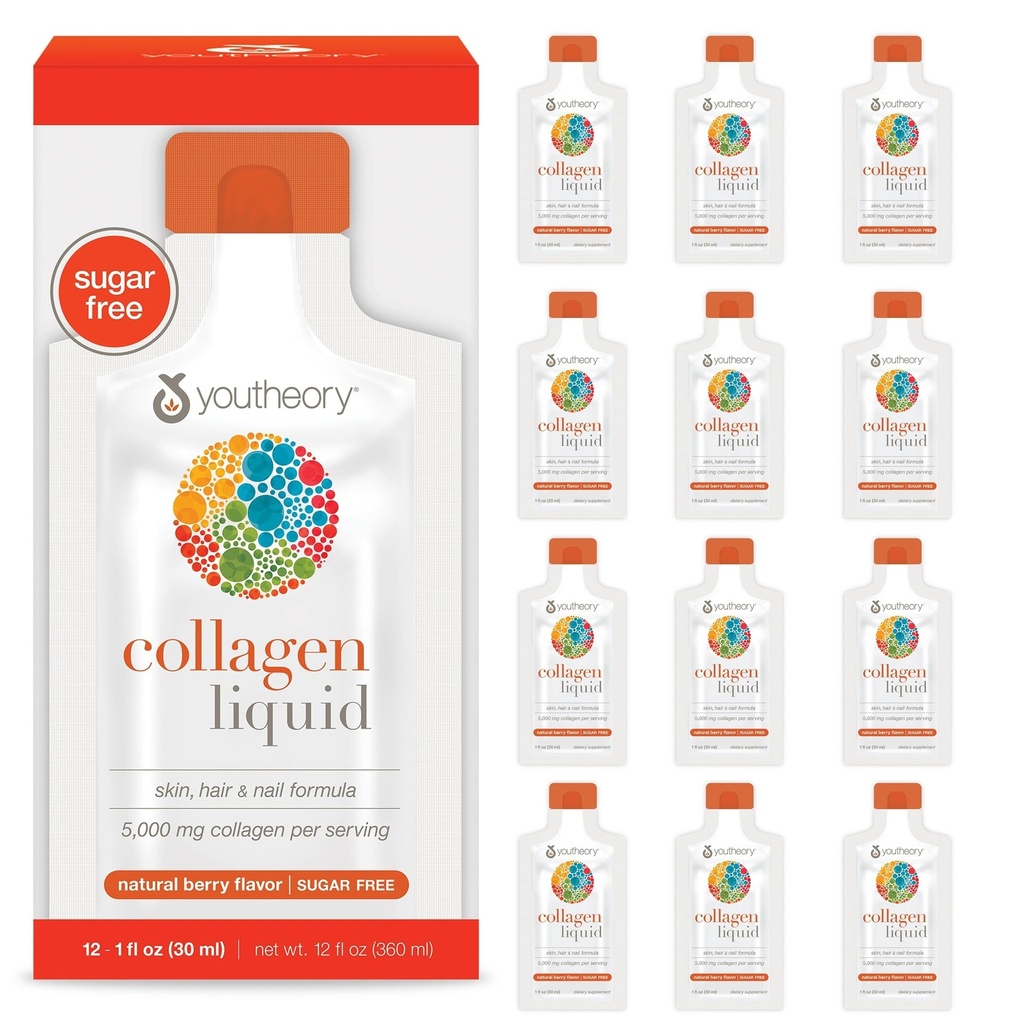 Youtheory Collagen Liquid - 5.000 mg - Saç Büyümesi, Skin & Nails* - Ortak, Bone & Muscle Health* - Amino Asits - Berry Flavor - 12 Single Service Packets (12-Day Supply)