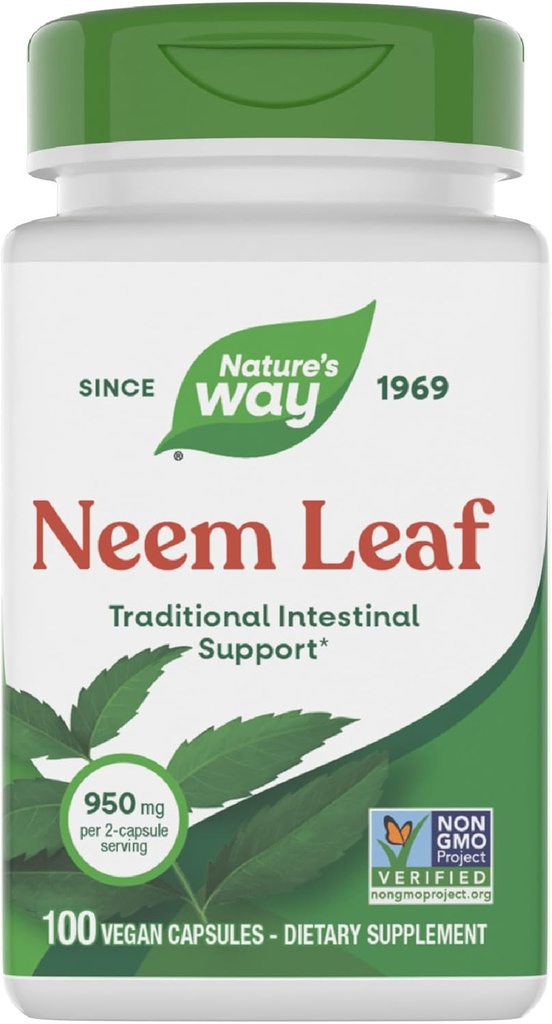 Nature's Way Neem Leaf Capses, Παραδοσιακή Εντερική Υποστήριξη*, Χρησιμοποιείται στην Ayurveda, 950 mg ανά 2-Capsule Service, Μη-GMO Project Επαληθευμένο, Vegan, 100 Count (Packaging May Vary)