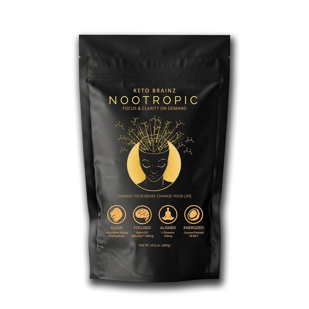 Keto Beyinz C8MCT Temel Nootropic - 500 mg Lion's Mane Mushroom, AlfaGPC & L-Theanine Bu, nootropic Stack kullanımı ve Makes Delicious Mushroom Coffee! 16oz. 30 Hizmet