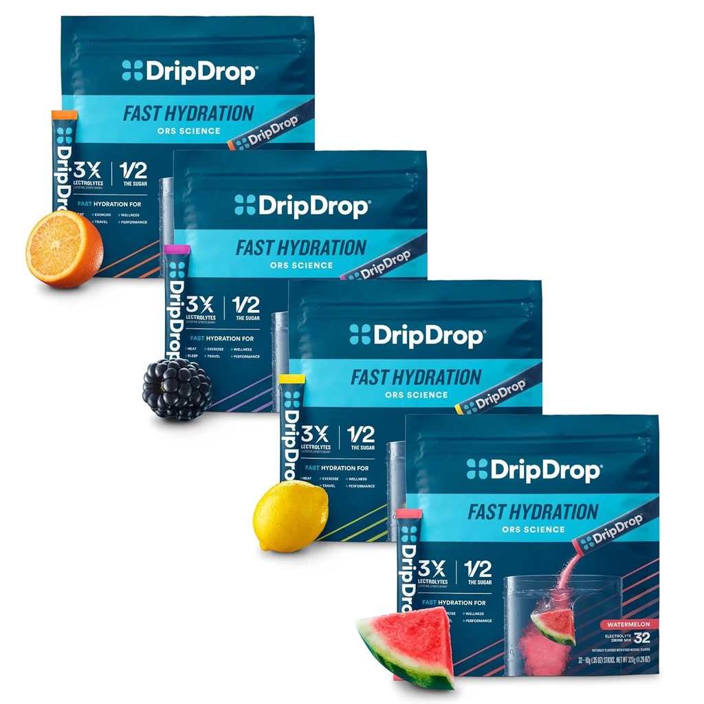 DripDrop Hydration - Electrolyte Powder Packets - Watermelon, Berry, Lemon, Orange - Value Variety Bundle - 128 Count