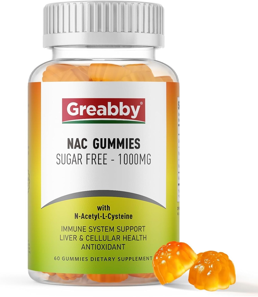NAC Gummies Sugar Free, N Acetyl Cysteine NAC Supplement 1000mg για Αντιοξειδωτικά, Υγεία Πνεύμονα & Ήπαρ, Ανοσοποιητική Υποστήριξη, Vegan Orange Flavor,60ct
