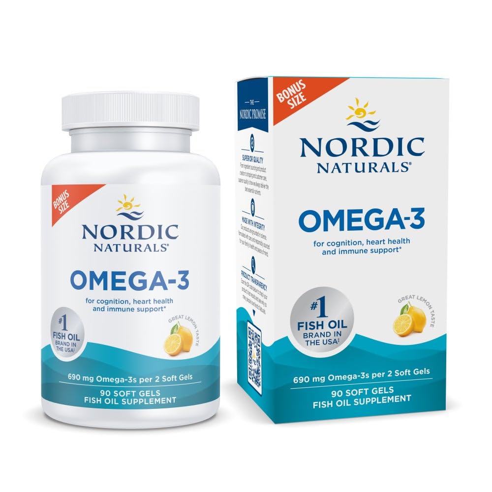 Nordic Naturals Omega-3, Lemon Flavor - 90 Soft Gels - 690 mg Omega-3 - Fish Oil - EPA & DHA - Immune Support, Brain & Heart Health, Optimal Wellness - Non-GMO - 45 Hizmetler