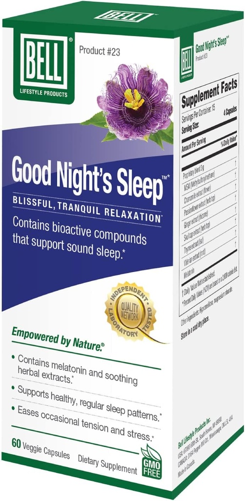 Bell Lifestyle Good Night's Sleep - Φυσική υποστήριξη ύπνου με μελατονίνη και εκχυλίσματα βοτάνων, υποστηρίζει την χαλάρωση & πρότυπα ύπνου, 60 κάψουλες λαχανικών