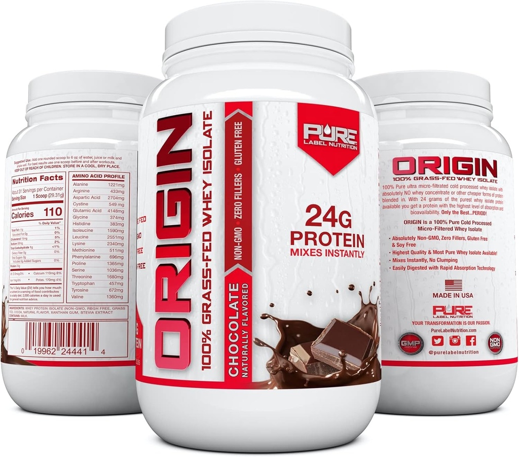 Pure Label Nutrition 100% Grass-Fed, Chocolate Whey Isolate Protein Powder (24g) with Essential Amino Acids, for Pre and Post Workout Recovery & Muscle Building, Low Fat & Low Carbs - 2lbs