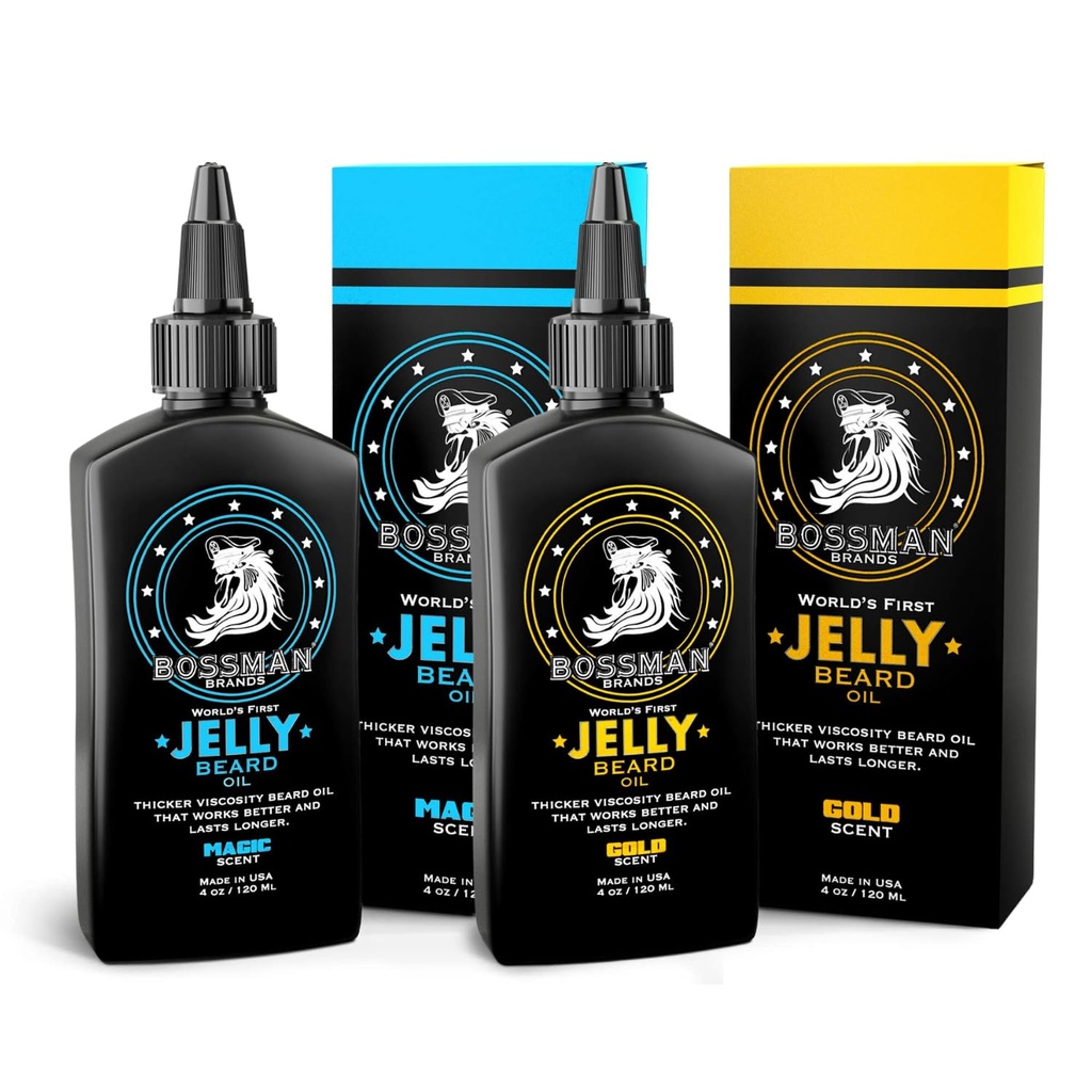 Bossman Beard Oil Jelly Kit (2 Scents) - Beard growth Softener, Moisturizer Lotion Gel Doğal Malzemeler ile - Ayılı Büyülü Ürün (Magic & Gold Scents)
