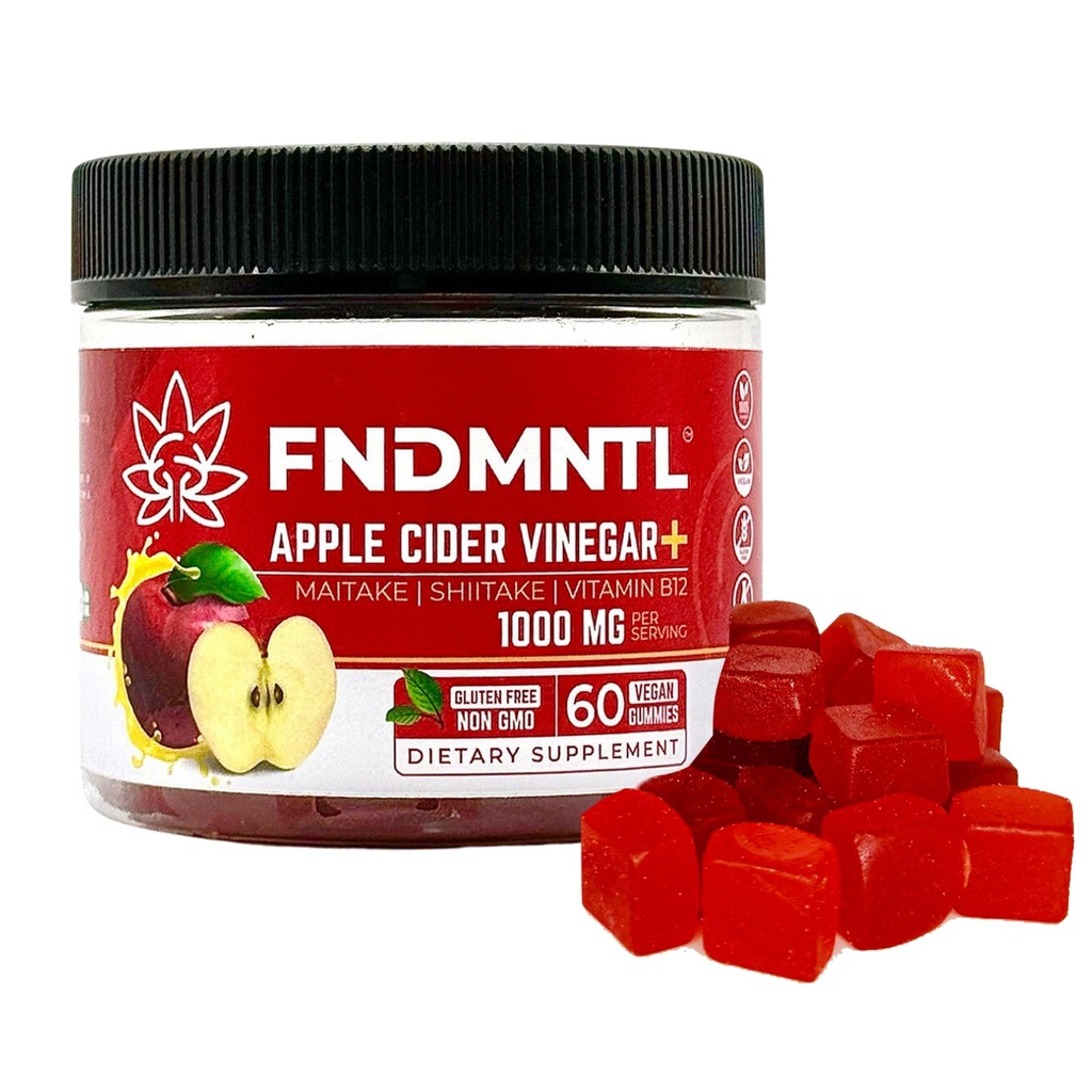 FNDMNTL Apple Cider Vinegar Gummies | Maitake, Shitake, B12 | 1000 mg | 60 Kont | Gelatin-Free, Gluten-Free, Vegan & Non-GMO