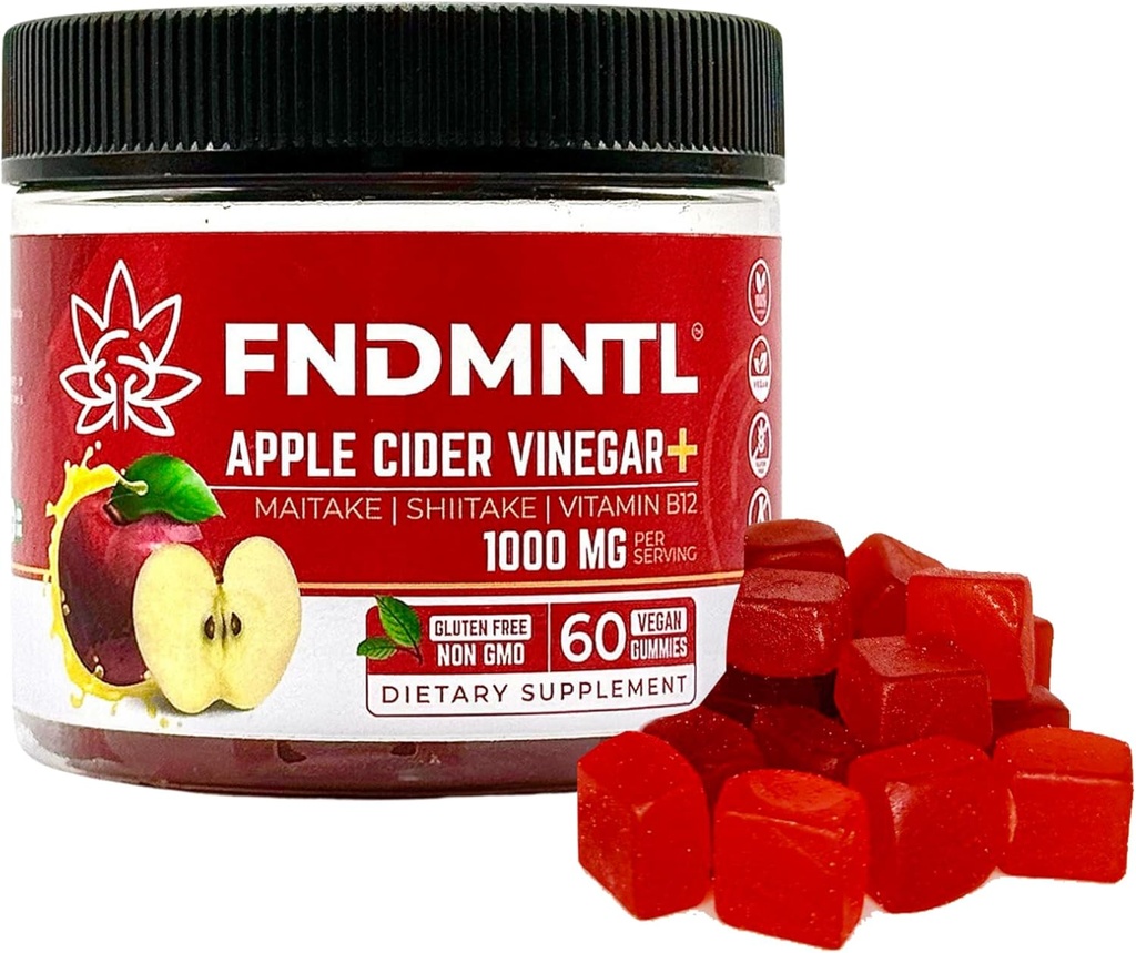 FNDMNTL Apple Cider Vinegar Gummies | Maitake, Shitake, B12 | 1000 mg | 60 Kont | Gelatin-Free, Gluten-Free, Vegan & Non-GMO