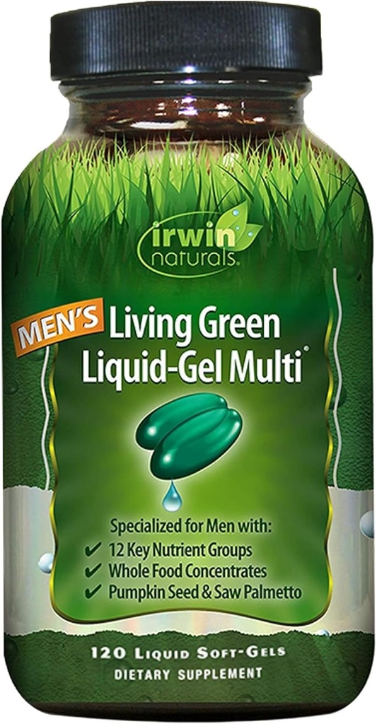 Irwin Naturals Men's Living Green Liquid-Gel Multi - 70 Essent Nutrients, Full-Spectrum Vitamins, Wholefood Blend - Στοχευμένη Adrenal & Brain Support - 120 Liquid Softgels