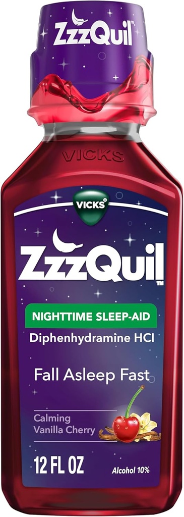 ZzzQuil, Nighttime Sleep Aid Liquid, 50 mg Diphenhydramine HCl, No.1 Sleep Aid Brand, Fall Asleep Fast, Non-Habit Form, Calming Vanilla Cherry, 12 FL OZ OZ